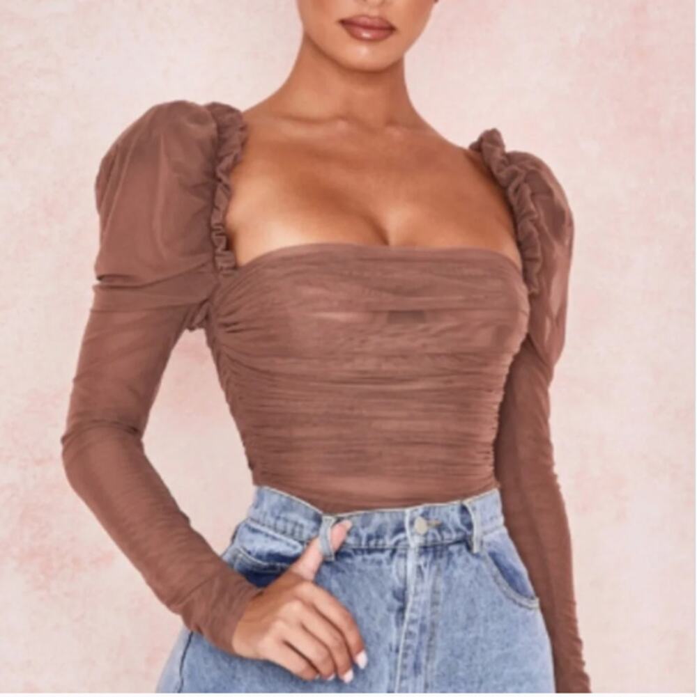 HOUSE OF CB | Emme Mesh Long Sleeve Brown Bodysuit  Mocha | Medium